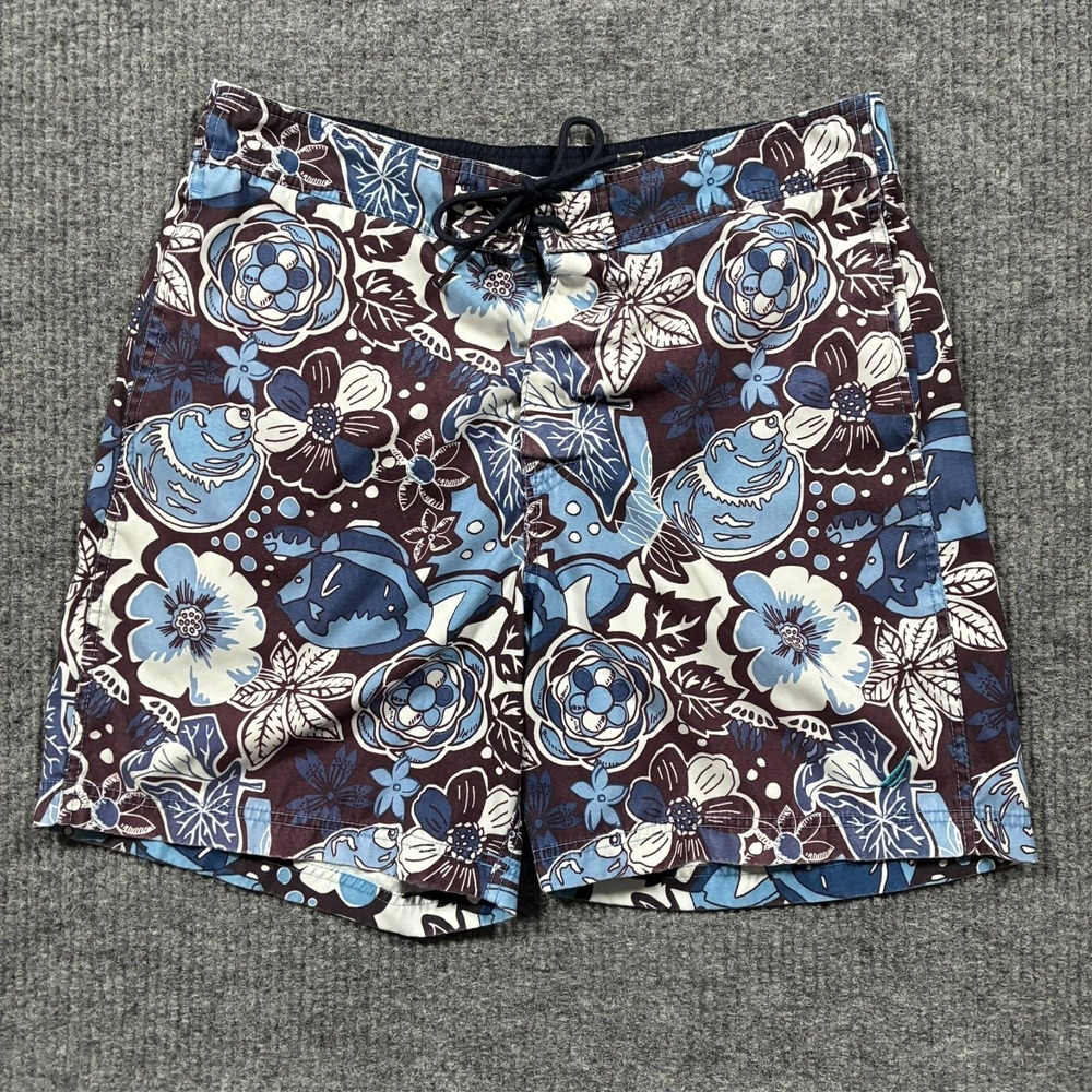 Nautica Mens Swim Trunks‎ Size M Blue Brown Floral Tropical Lined Board Shorts